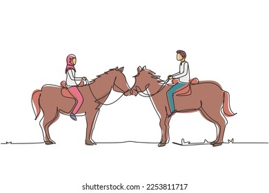 Single one line drawing romantic Arab couple in love riding horse. Young man and woman meet for dating with ride horse. Engagement and love relation. Modern continuous line draw design graphic vector