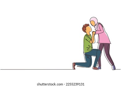 Single one line drawing romantic Arabic male kneel and kissing female. Couple lovers kissing and holding hands. Happy man and woman celebrating wedding anniversary. Continuous line draw design graphic