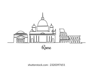 Una sola línea que dibuja el horizonte de la ciudad de Roma, Italia. El concepto de ciudad. Ilustración gráfica de vector de diseño de línea continua.