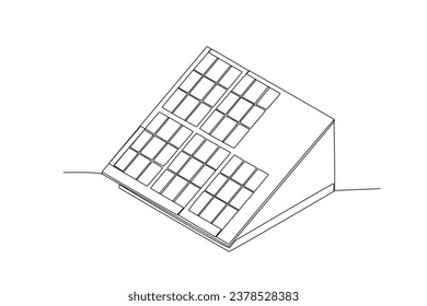 Single one line drawing 
Roof with solar panels. simple wind turbines power outline vector