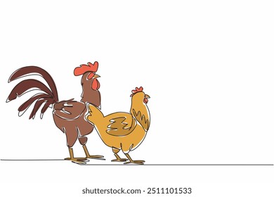 Single one line drawing rooster and hen standing in a row. Freedom on farm. Not always in cage. Happy chickens produce superior seeds. National Poultry Day. Continuous line design graphic illustration