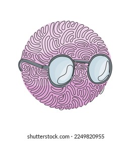 Single one line drawing Round black-rimmed glasses. Side of myopia glasses, round frame, with black glasses legs. Swirl curl circle background style. Modern continuous line draw design graphic vector