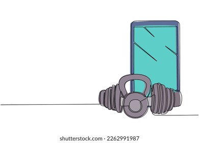 Einzel-Line-Zeichnung um schwere Kettlebell für Sport und Hantel Symbol mit Smartphone. Online- oder virtuelle Fitness. Körperbau. Modern-Stetig-Liniendesign, Vektorgrafik