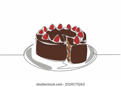 Una sola línea dibujando pastel de chocolate redondo con cobertura de fresa.  Una pieza para los seres queridos primero. Dulce y suave en boca. Día Nacional del Pastel de Chocolate. Ilustración gráfica de diseño de línea continua