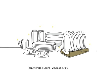 Single one line drawing rows of plates, bowls, mugs and cups. Arrange carefully. Order. According to function. Dinner event. National No Dirty Dishes Day. Continuous line design graphic illustration