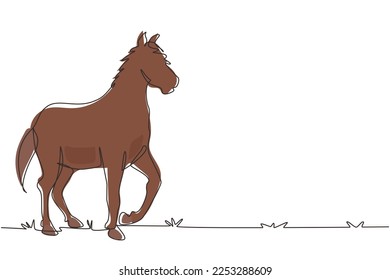 Single one line drawing running horse sketch of Arabian stallion. Galloping purebred horse of Arabian breed. Horse racing symbol, equestrian sport badge. Continuous line draw design graphic vector