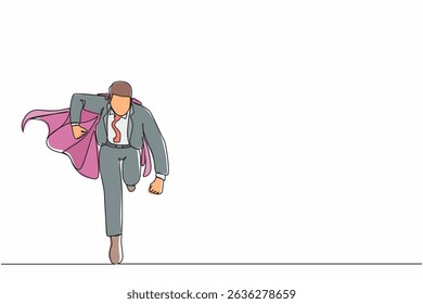 Single one line drawing running business hero. Businessman in cape superhero actions running. Professional working powerful superheroes. Success, leadership. Continuous line draw design graphic vector