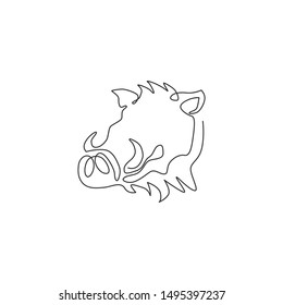 Single one line drawing of ruthless common warthog head for company logo identity. Grassland Africa pig mascot concept for national zoo icon. Modern continuous line draw design vector illustration