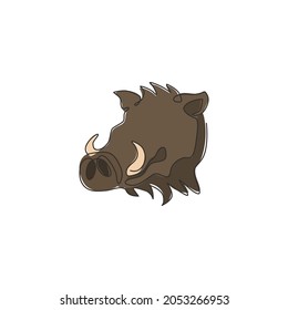 Single one line drawing of ruthless common warthog head for company logo identity. Grassland Africa pig mascot concept for national zoo icon. Modern continuous line draw design vector illustration