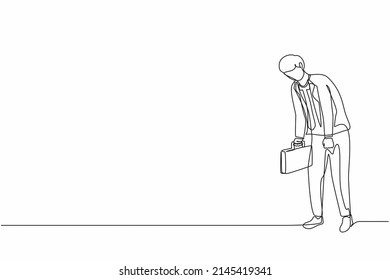 Single one line drawing sad businessman looking down, holding briefcase. Man having mental pressure or stress. Bankruptcy on global economic recession. Continuous line draw design vector illustration