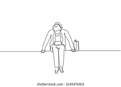 Single one line drawing sad businesswoman sits at bench alone. Woman suffering from depression, experience dismissal, gets into difficult life situation, despair. Continuous line design graphic vector