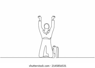 Single one line drawing sad shocked Arabian businesswoman kneeling and pray. Losing money, economy crisis, bankrupt, depressed. Female standing on her knees. Continuous line draw design graphic vector