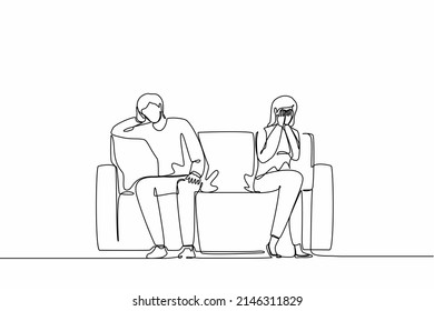 Single one line drawing sad unhappy husband and wife sitting on couch and keeping silence after quarrel at home. Problems in communication and fight. Continuous line design graphic vector illustration