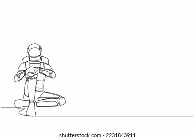 Una sola línea dibuja a un triste astronauta sentado solo en el suelo. Deprimido, desorden, tristeza. Falla en la industria de naves espaciales. Espacio de galaxia cósmica. Ilustración continua de diseño gráfico de línea