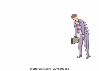 Single one line drawing sad businessman looking down, holding briefcase. Man having mental pressure or stress. Bankruptcy on global economic recession. Continuous line draw design vector illustration