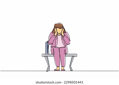 Single one line drawing sad businesswoman, depression. Lonely woman sitting on park bench. Young female character holding her head. Failure concept. Continuous line design graphic vector illustration