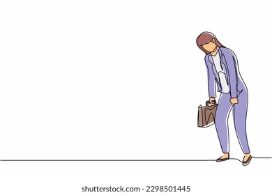 Single one line drawing sad businesswoman looking down, holding briefcase. Woman having mental pressure or stress. Bankruptcy on global economic recession. Continuous line draw design graphic vector