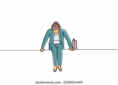 Single one line drawing sad businesswoman sits at bench alone. Woman suffering from depression, experience dismissal, gets into difficult life situation, despair. Continuous line design graphic vector