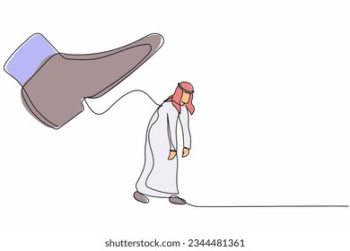 Single one line drawing sad Arabian businessman going away with huge boot shoe kicking him out. Male manager being fired and kicked out concept. Continuous line draw design graphic vector illustration