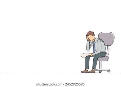 Single one line drawing sad businessman sat limply in a chair. Pensively holding a piece of bill paper. The large of receivables, business will collapse. Continuous line design graphic illustration