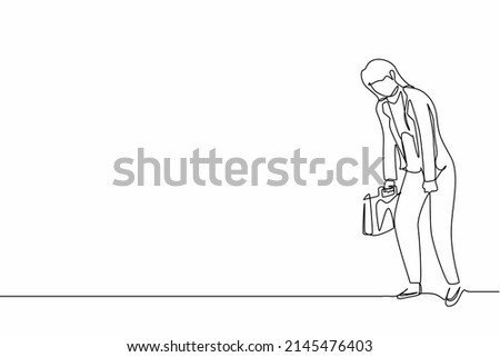 Single one line drawing sad businesswoman looking down, holding briefcase. Woman having mental pressure or stress. Bankruptcy on global economic recession. Continuous line draw design graphic vector