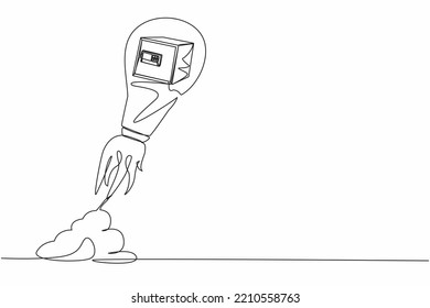 Caja de seguridad de un solo plano de la caja de seguridad con bombilla. Caja fuerte de banco cerrada, dólares en caja fuerte y bolsa de dinero, ahorro de caja fuerte, depósito de dinero. Ilustración vectorial de dibujo de línea continua