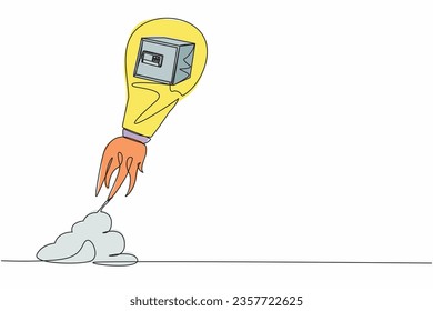 Single one line drawing safe deposit box launching with light bulb. Closed bank safe, dollars in deposit box and cash bag, safe savings, money deposit. Continuous line draw design vector illustration