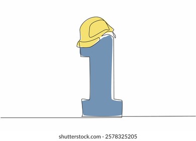 Single one line drawing safety helmet above the big number 1. Put on the project helmet, hurry up to celebrate Labor Day. Claiming rights. Freedom. May Day. Continuous line design graphic illustration