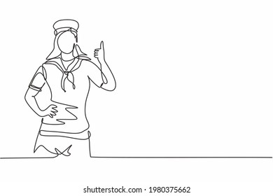 Single One Line Drawing Of Sailor Woman With A Thumbs-up Gesture Ready To Sail Across The Seas In A Ship That Is Headed By A Captain. Modern Continuous Line Draw Design Graphic Vector Illustration