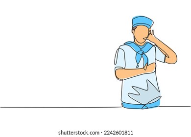 Un único marinero de una línea dibujando un marinero con un gesto y una bufanda alrededor de su cuello listos para navegar por los mares en un barco encabezado por el capitán. Ilustración de líneas continuas moderna de diseño gráfico vectorial