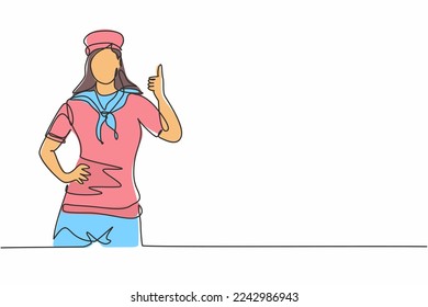 Single one line drawing of sailor woman with a thumbs-up gesture ready to sail across the seas in a ship that is headed by a captain. Modern continuous line draw design graphic vector illustration