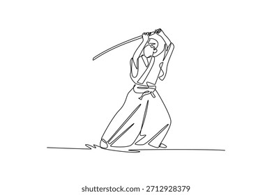 Uma única linha desenhando samurai guerreiro segurando katana afiada acima da cabeça, pronto para poderoso corte para baixo ou ataque. Foco, poder, disciplina. Ilustração de vetor gráfico de design de desenho de linha contínua