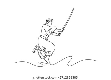 Uma única linha desenhando samurai guerreiro pulando ou saltando no ar médio segurando espada katana em dramático, varrendo pose diagonal, rápido e fluido. Ilustração de vetor gráfico de design de desenho de linha contínua