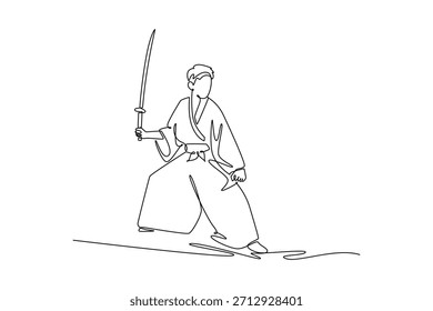 Single one line drawing samurai warrior in low, ready fighting stance, holding sharp katana sword prepared for battle. Power Japanese tradition. Continuous line draw design graphic vector illustration
