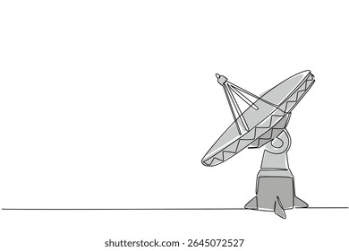 Uma única linha desenhando satélite parabólico. Funções para coletar e focalizar sinais para o receptor. Tecnologia moderna com sofisticação moderna. Dia de Loomis. Ilustração gráfica de design de linha contínua
