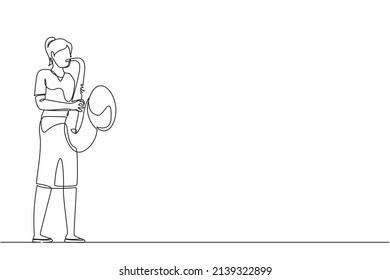 Single one line drawing saxophonist. Jazz or blues musician, woman plays saxophone. Female performer in festival jazz music, jazz band performances. Continuous line design graphic vector illustration