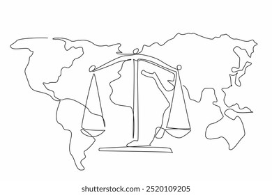 Escalas de dibujo de una sola línea en el fondo del mapa del mundo. Justicia e imparcialidad. Importancia de la cooperación mundial. Equilibrio. Día Mundial de la Justicia Social. Ilustración gráfica de diseño de línea continua