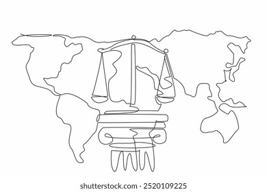 Single one line drawing scales on concrete pillars on the world map background. The foundation of a just society. Stability. World Day of Social Justice. Continuous line design graphic illustration