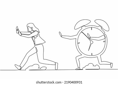Single one line drawing scared businesswoman being chased by alarm clock. Female worker running out of working time. Deadline project. Minimal metaphor. Continuous line draw design vector illustration