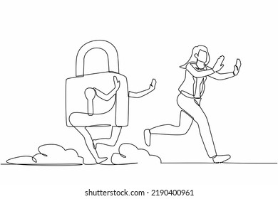 Dibujo de una sola línea asustó a una mujer de negocios perseguida por el candado. Las empleadas se apresuran en la seguridad de la protección empresarial. Mínima metáfora. Ilustración gráfica de diseño de trazos de línea continua