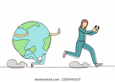 Single one line drawing scared businesswoman being chased by globe. Female worker chased by international project agenda, cooperation, teamwork. Continuous line draw design graphic vector illustration