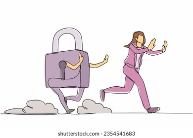 Single one line drawing scared businesswoman being chased by padlock. Female employee hurry in business protection security. Minimal metaphor. Continuous line draw design graphic vector illustration