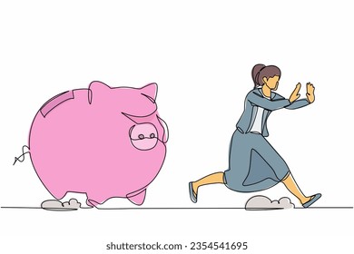 Single one line drawing scared businesswoman being chased by piggy bank. Female manager in financial crisis, economic disaster. Minimal metaphor. Continuous line design graphic vector illustration