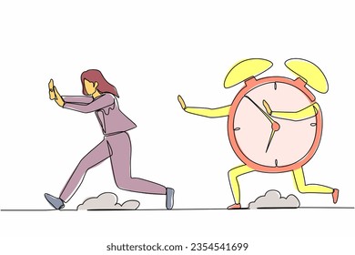 Single one line drawing scared businesswoman being chased by alarm clock. Female worker running out of working time. Deadline project. Minimal metaphor. Continuous line draw design vector illustration