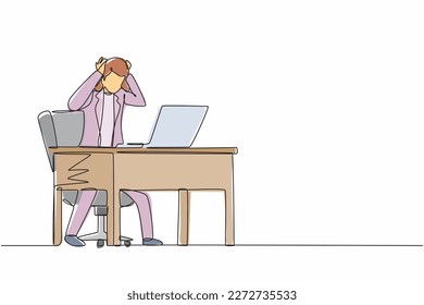 Single one line drawing scary frustrated frightened businesswoman clerk manager stands at laptop, holding head. Office overload, mental stress. Continuous line draw design graphic vector illustration