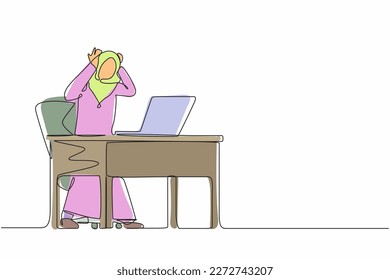Single one line drawing scary frustrated frightened Arab businesswoman clerk manager stands at laptop, holding head. Office overload, mental stress. Continuous line design graphic vector illustration