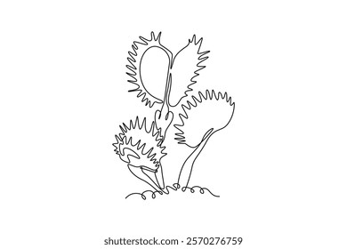 Single one line drawing scary fresh venus flytrap for garden logo. Decorative of dionaea muscipula concept for home art wall decor poster print. Continuous line draw design graphic vector illustration