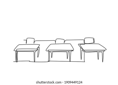 Single One Line Drawing Of School Chair And Table Inside A Kindergarten Classroom. Back To School Minimalist, Education Concept. Continuous Simple Line Draw Style Design Graphic Vector Illustration