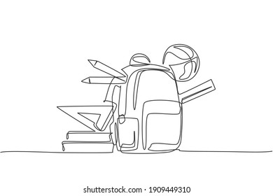 Single one line drawing of school bag, basket ball, ruler, pencil and pen set. Back to school minimalist, education concept. Continuous simple line draw style design graphic vector illustration