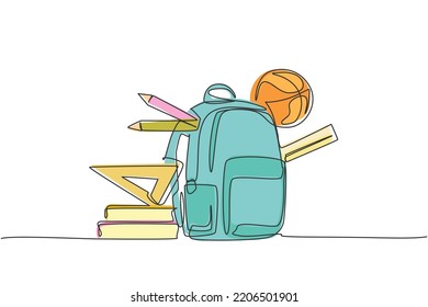Single one line drawing of school bag, basket ball, ruler, pencil and pen set. Back to school minimalist, education concept. Continuous simple line draw style design graphic vector illustration